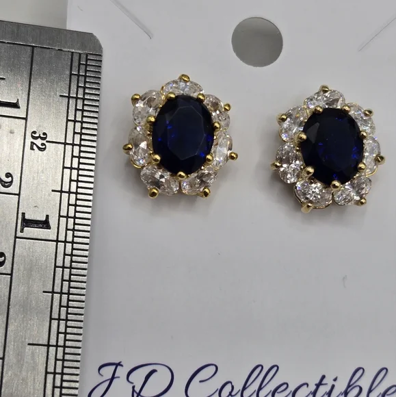 Sapphire Blue & Clear Earrings Made with Swarovski Crystals Gold Overlay NWOT - Picture 3 of 5